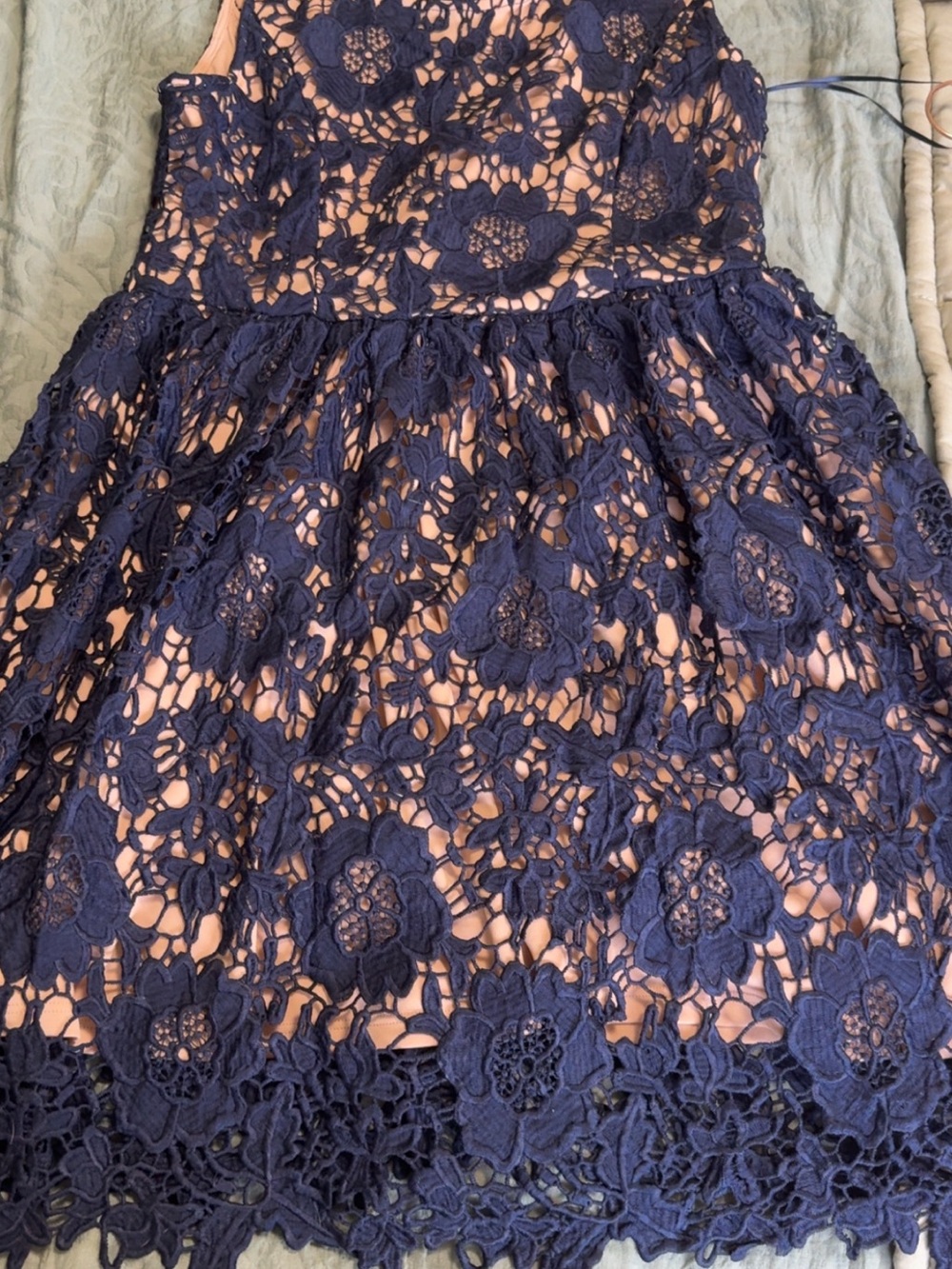 Navy Floral Lace Overlay Girls Dress with Blush Lining